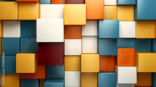 Abstract geometric block wall in warm and cold contrasting colors, abstract geometric background