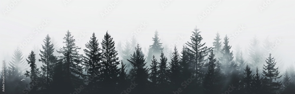beautiful black and white skyline of a forest in the mist