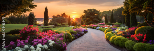 Enchanting Garden Sunset: A Tranquil Haven Bursting with Greenery and Floral Blooms in Serene Setting
