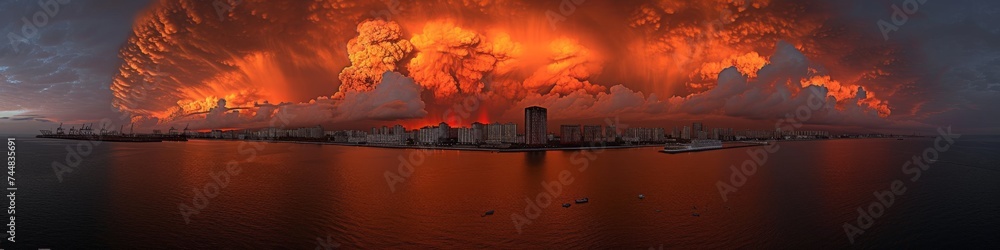 Panoramic view of a dramatic fiery industrial skyline with intense orange clouds and reflections on water, highlighting environmental impact
