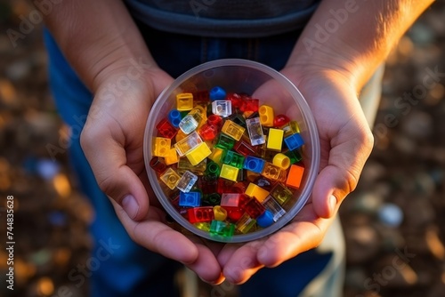 Colorful lego construction pieces lego in the palms, developing childs motor skills and imagination