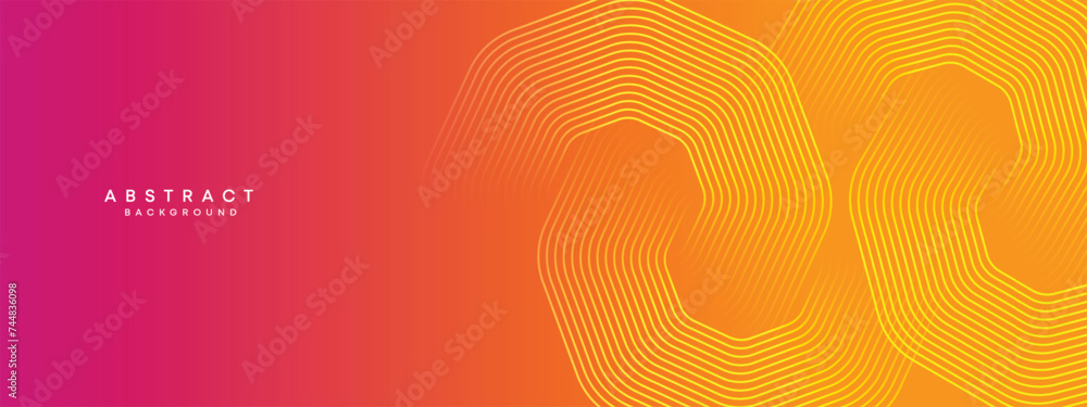 Abstract orange, pink gradient waving circles lines Technology web banner background. Modern yellow, purple gradient with glowing lines and shiny geometric diagonal shape for brochure, cover, header