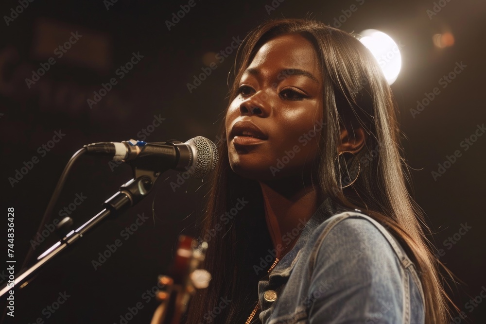 A young African American singer passionately performing in a spotlight, evoking a sense of inspiration A young African American singer passionately performing in a spotlight, evoking a sense of inspiration