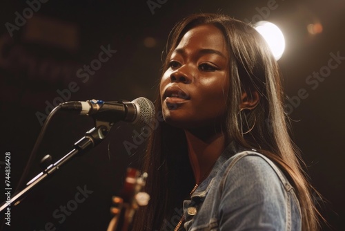 A young African American singer passionately performing in a spotlight, evoking a sense of inspiration