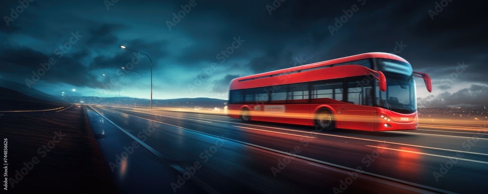 Modern bus is transporting passengers during night on holiday, banner. Generative Ai.
