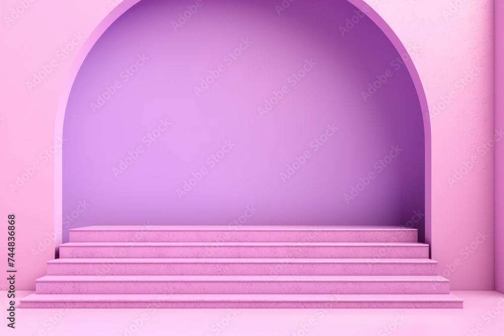 Obraz premium Purple arch with stairs for display on a pink background. Purple Arch Podium on Pink