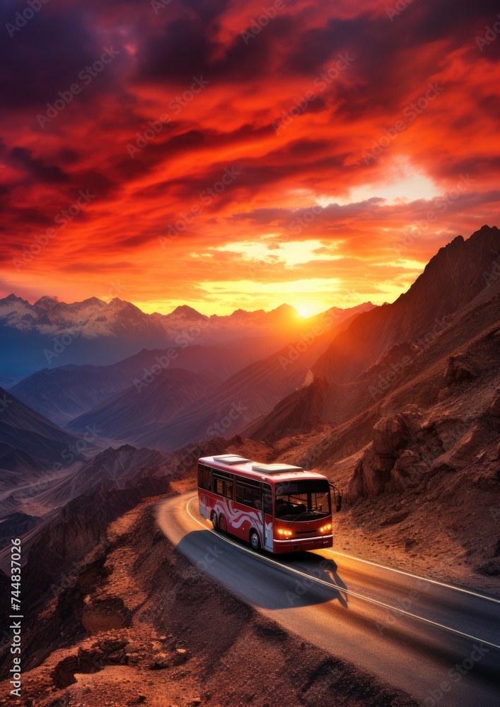 Modern bus is transporting passengers in mountains with sunset on holiday. Generative Ai.
