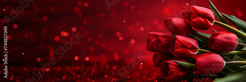 Bright background with red tulips, copy space