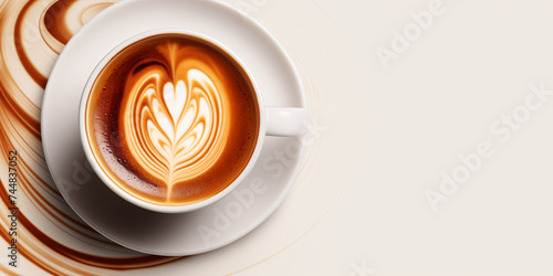 White cup with coffee on a light background, latte art, top view, copy space