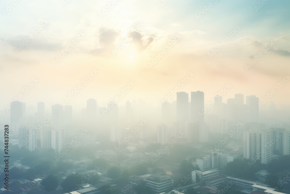 A cityscape obscured by smog and bathed in the warm light of a hazy morning. Hazy City in Morning Light