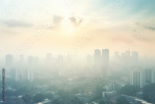 A cityscape obscured by smog and bathed in the warm light of a hazy morning. Hazy City in Morning Light