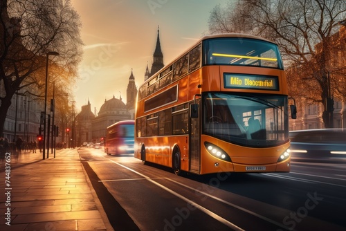 Modern bus is transporting passengers in city with sunset, long exposure. Generative Ai.