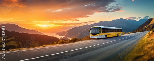 Modern bus is transporting passengers in mountains with sunset on holiday, banner. Generative Ai.