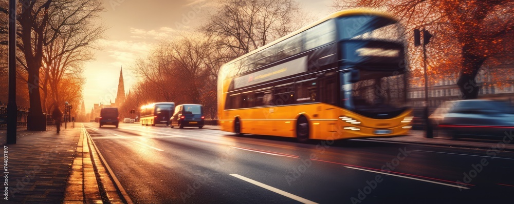 Modern bus is transporting passengers in big city with sunset on holiday, banner. Generative Ai.
