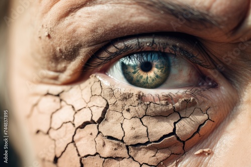 Close-up of a human eye with dry, cracked land textures on skin, symbolizing environmental impact on life. Aging Vision: Earth's Thirst in an Eye