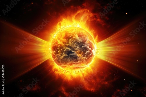 Fiery sun with solar flares affecting Earth. Sun's Impact on Earth