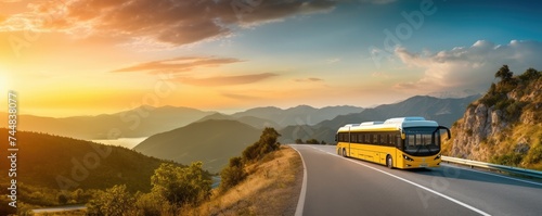 Modern bus is transporting passengers in mountains with sunset on holiday, banner. Generative Ai. photo