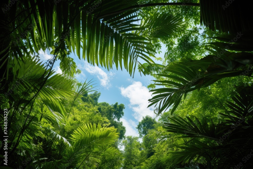 Fototapeta premium Vibrant green tropical leaves framing a clear blue sky. Lush Tropical Canopy Opening to Blue Sky