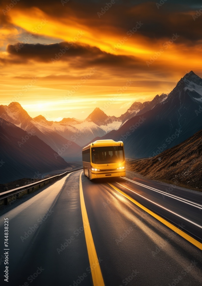 Modern bus is transporting passengers in mountains with sunset on holiday. Generative Ai.