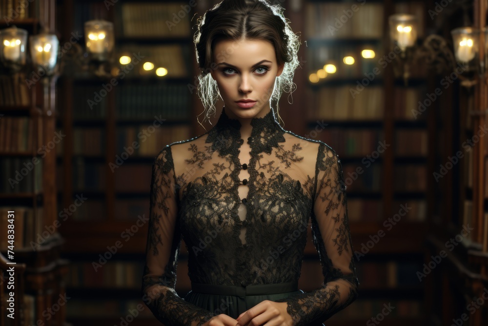 A graceful woman in a fashionable high-neck mesh dress, exploring the realm of knowledge in a library filled with antique books