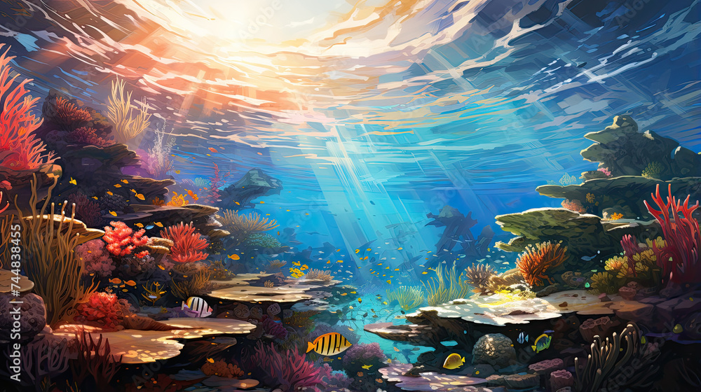 Colorful painting depicting an underwater scene filled with vibrant coral reefs and various fish swimming