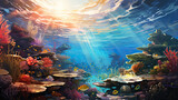 Colorful painting depicting an underwater scene filled with vibrant coral reefs and various fish swimming