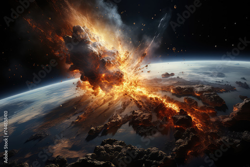 Colossal explosion shattering the earths crust, sending debris and flames into the air amid a chaotic scene of destruction photo