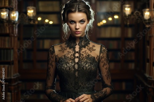 A graceful woman in a fashionable high-neck mesh dress, exploring the realm of knowledge in a library filled with antique books