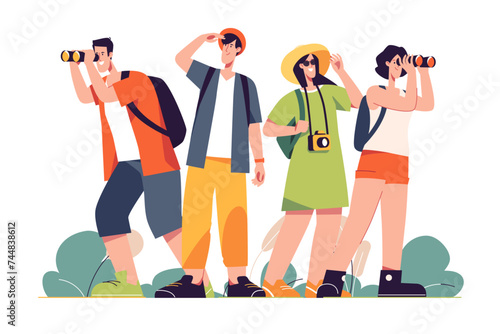 A group of happy friends tourists travelers. Vector illiustration