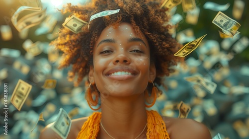 a woman is smiling while money is falling from the sky