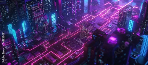 3D illustration of futuristic science fiction city with blight neon lights. AI generated image