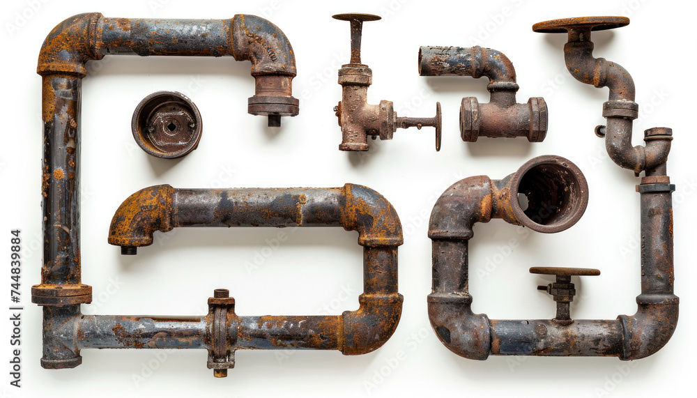 Old weathered pipes, metal metal pipes, rusty pipes, overhead photo of weathered pipes, rusty old pipes