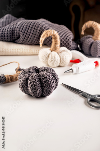 Cute grey autumn knit pumpkins made from an old sweater. alterations from an old clothes, hobbies, diy.