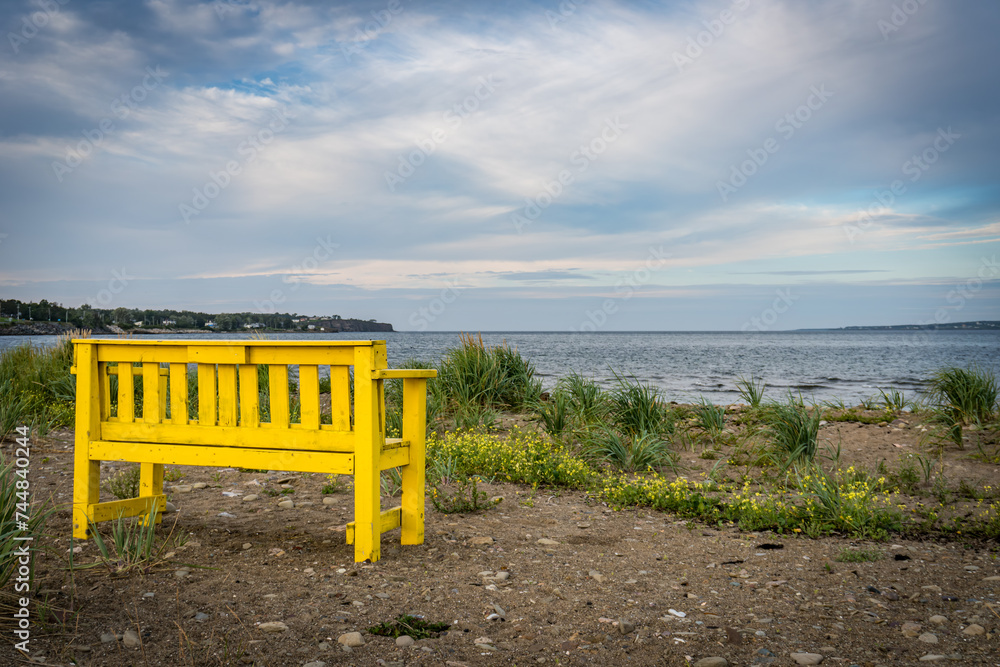 Indian Beach, North Sydney, Cape Brenton, Nova Scotia, Canada. Formerly known as North Bar Beach. Yellow bench and wildflowers. Indian Beach, North Sydney, Cape Brenton, Nova Scotia, Canada. Formerly known as North Bar Beach. Yellow bench and wildflowers.