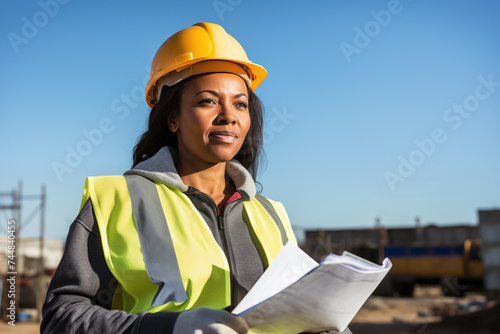 African American female civil engineer wearing hard hat with papers in hand at a construction site
