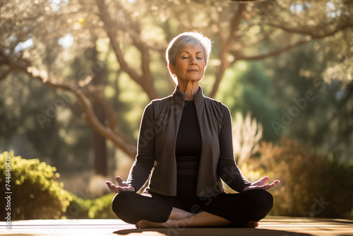 senior citizen woman sitting outdoors meditating
