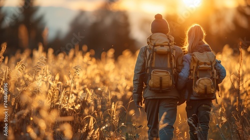 Two figures in military camouflage hiking through field at sunset