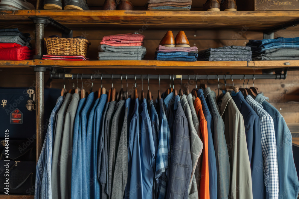 Interior of a men's casual clothing store. Elegant shirts of different colors and textures on the hangers, knitwear and shoes on the shelves. Style and fashion.