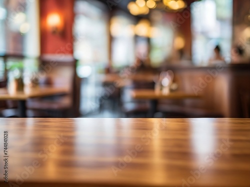 The blurred background of a bustling restaurant fades into the distance, leaving the focus on the smooth, polished surface of a wooden table top.