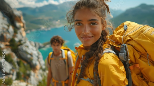 a man and a woman are hiking up a mountain . the woman is wearing a yellow jacket
