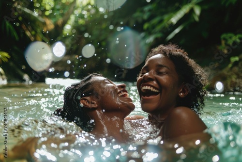 African American women sharing exuberant laughs in a shimmering pool surrounded by exotic greenery