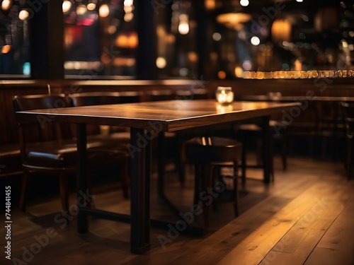 The dark  moody atmosphere of a restaurant is contrasted by the bright  natural wood grain of an empty table 