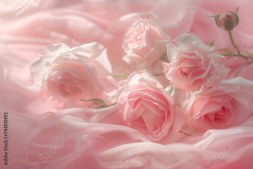 Pink roses pink background. Flower composition. Delicate bouquet of pink flowers on a pink pastel background. The concept of romance, feelings. Valentine's Day, Mother's Day greeting card. Banner © Ayesha