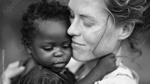 White mother holding her black child 