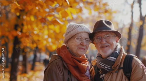 Happy old couple smiling in a park on a sunny day