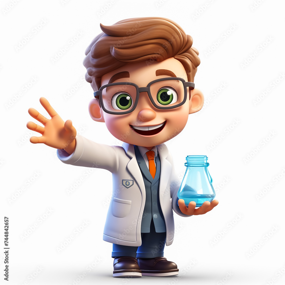 cool school boy with thick black glasses is dressed as scientist with white coat and experimenting with blue liquids in front of blue background