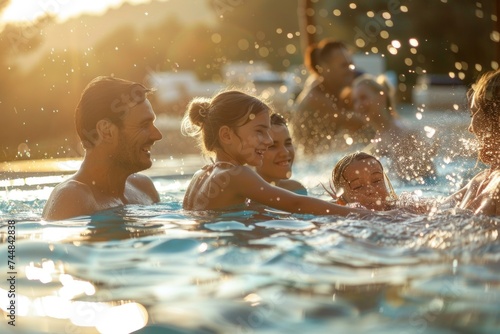 Family Bonding in a Pool at Golden Hour, Splashing and Sharing Joyful Moments