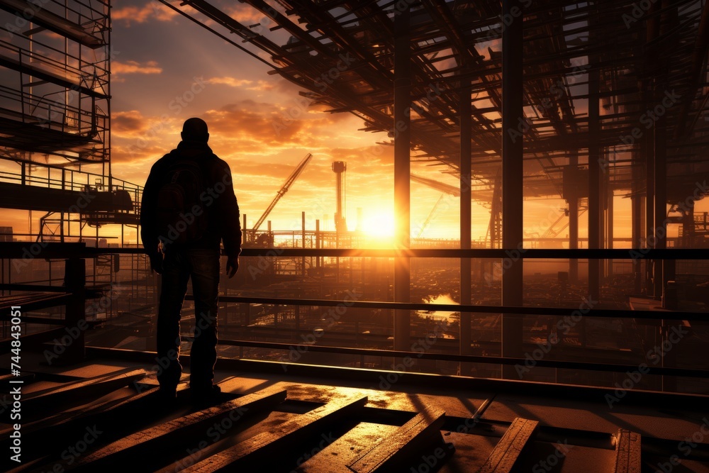 Construction worker overseeing project at sunrise on building site with city skyline view, cranes, and equipment. Hard hat and safety vest ensure safe and efficient work environment.