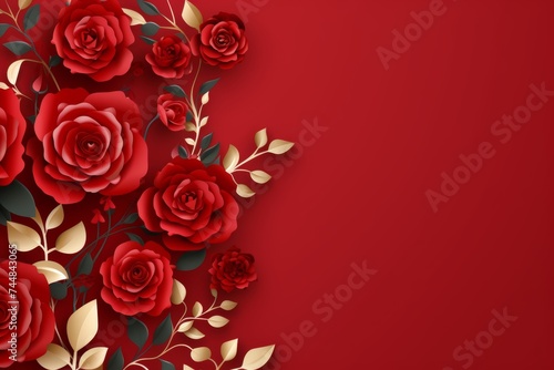 Red Roses with Golden Leaves on Elegant Branches Against a Striking Red Background. Exquisite 3D Rendering with Impeccable Detailing. Perfectly Isolated for Design Projects. © katrin888