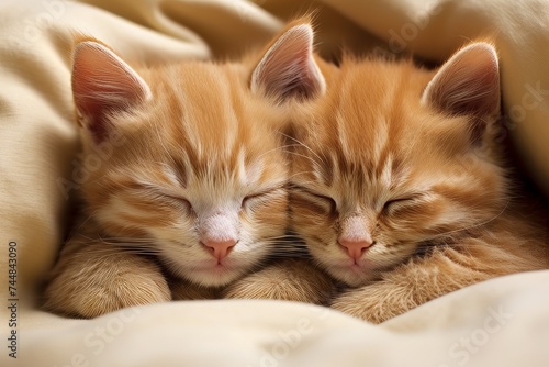 Two adorable ginger kittens peacefully napping on a cozy cream blanket under the warm sunlight in a serene room, creating a heartwarming and tranquil scene for cat enthusiasts.